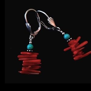 925 Red Coral Cupolini Turquoise Sterling Earrings